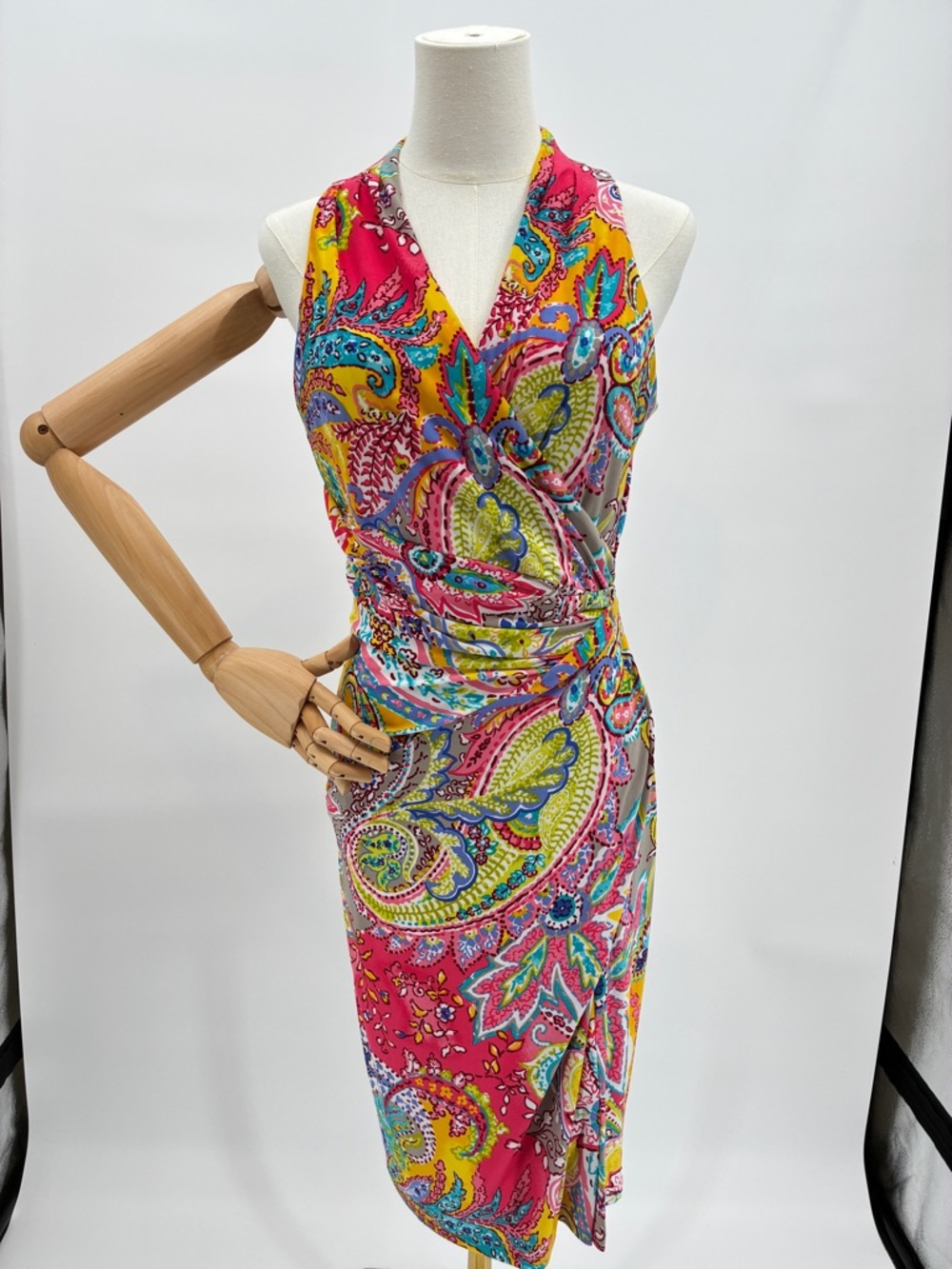 Ralph Lauren Paisley Stretch Colorful Ruched Faux Wrap Bodycon Dress Size 4